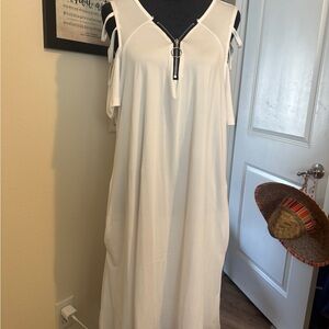 White Cold-Shoulder Midi Dress with Front Zip